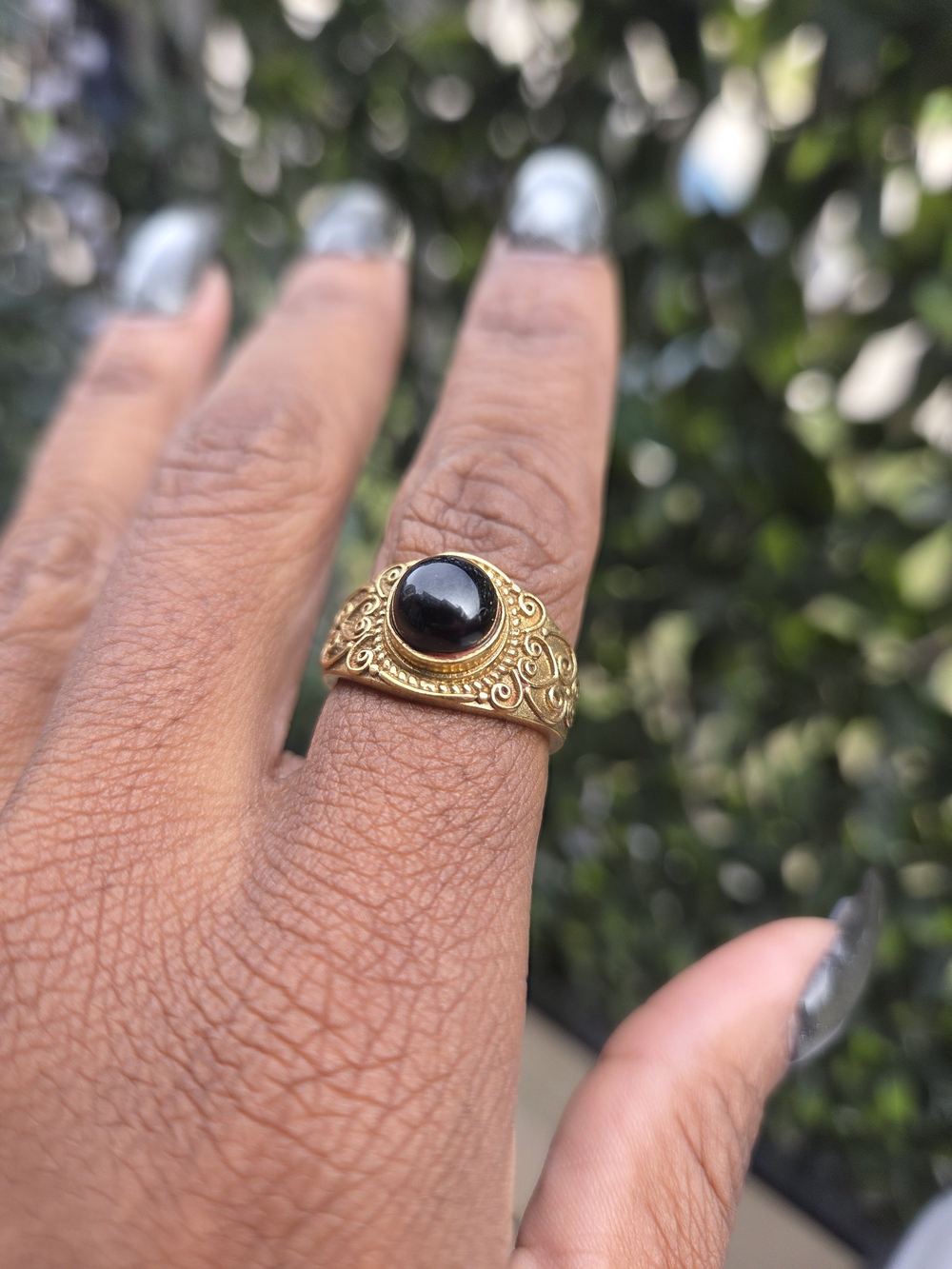 Gold Filigree Ring with Black Stone